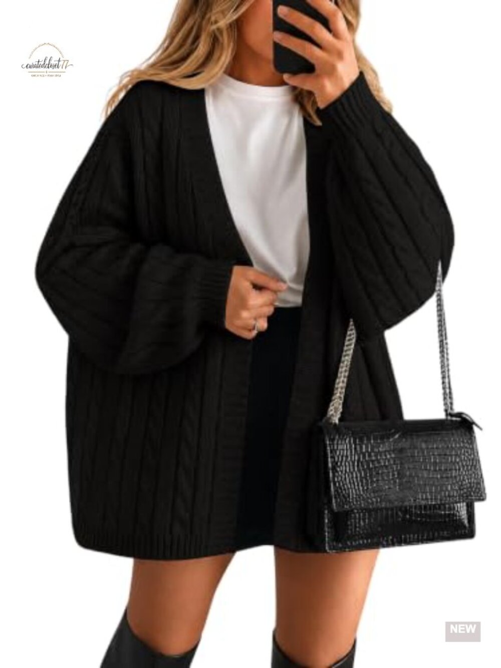 Oversized Cable Knit Cardigan Sweater with Balloon Sleeves